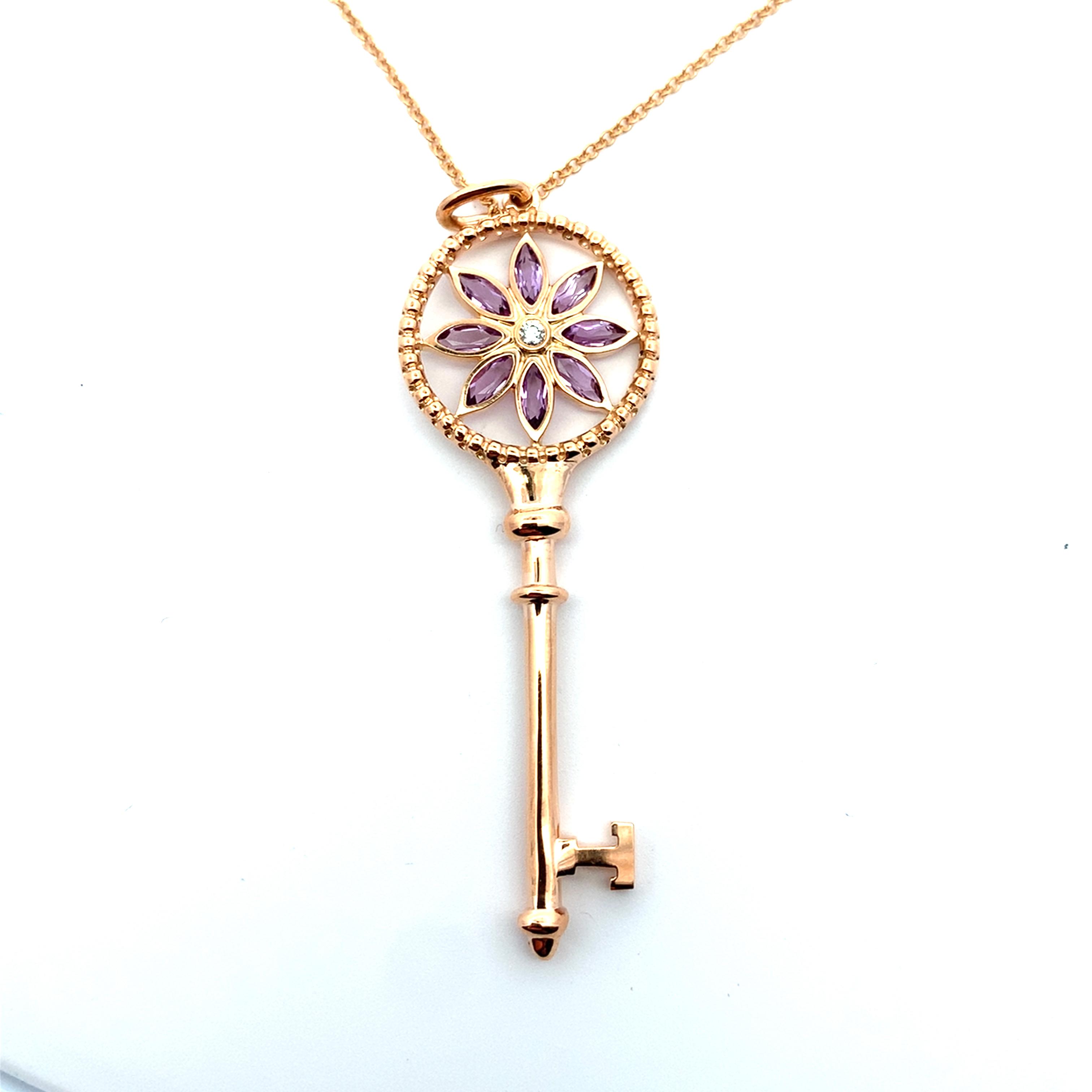 Tiffany & Co 18K Rose Gold Amethyst & Diamond Daisy Key Pendant
