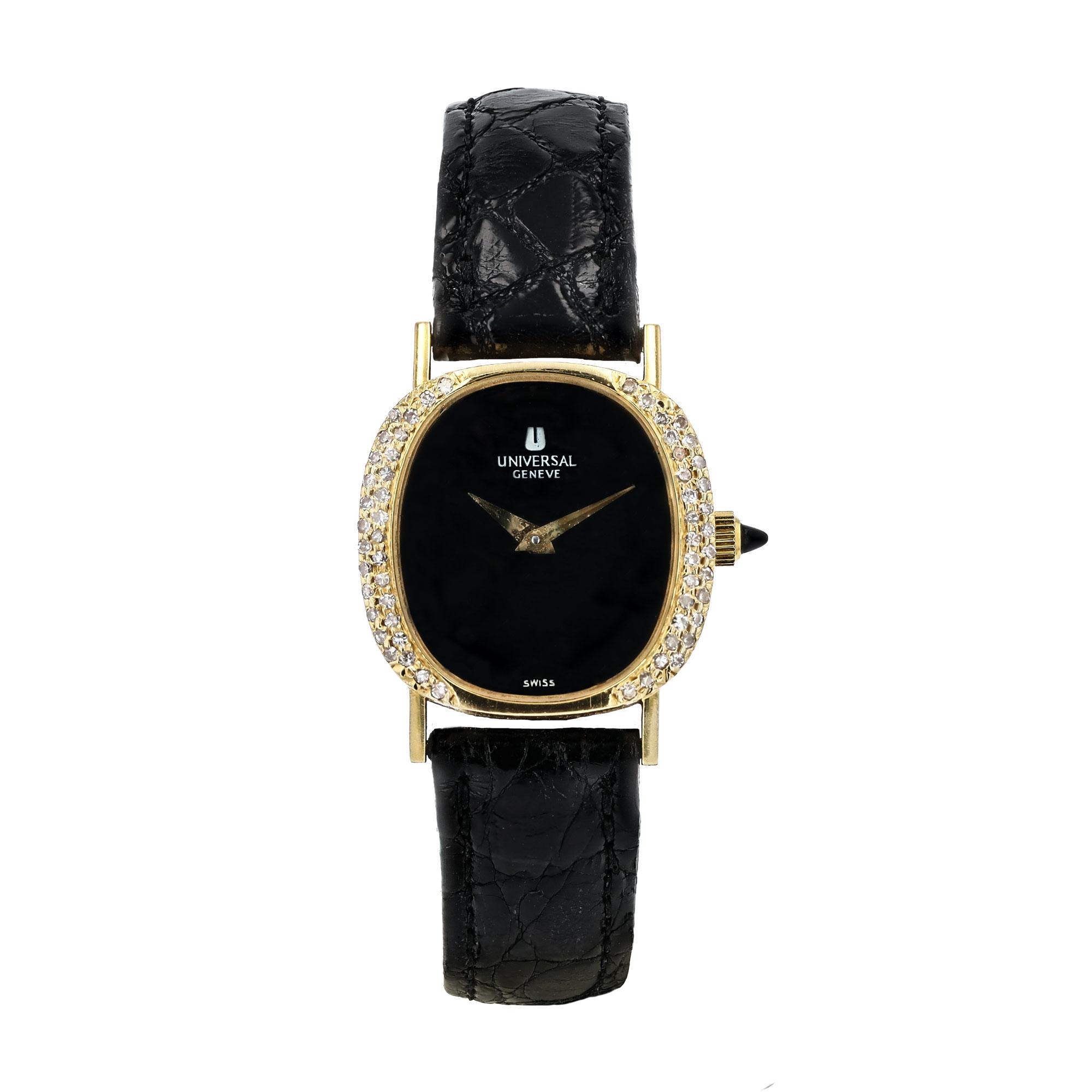 Universal Geneve Ladies 18K Gold Diamond Black Dial Mechanical