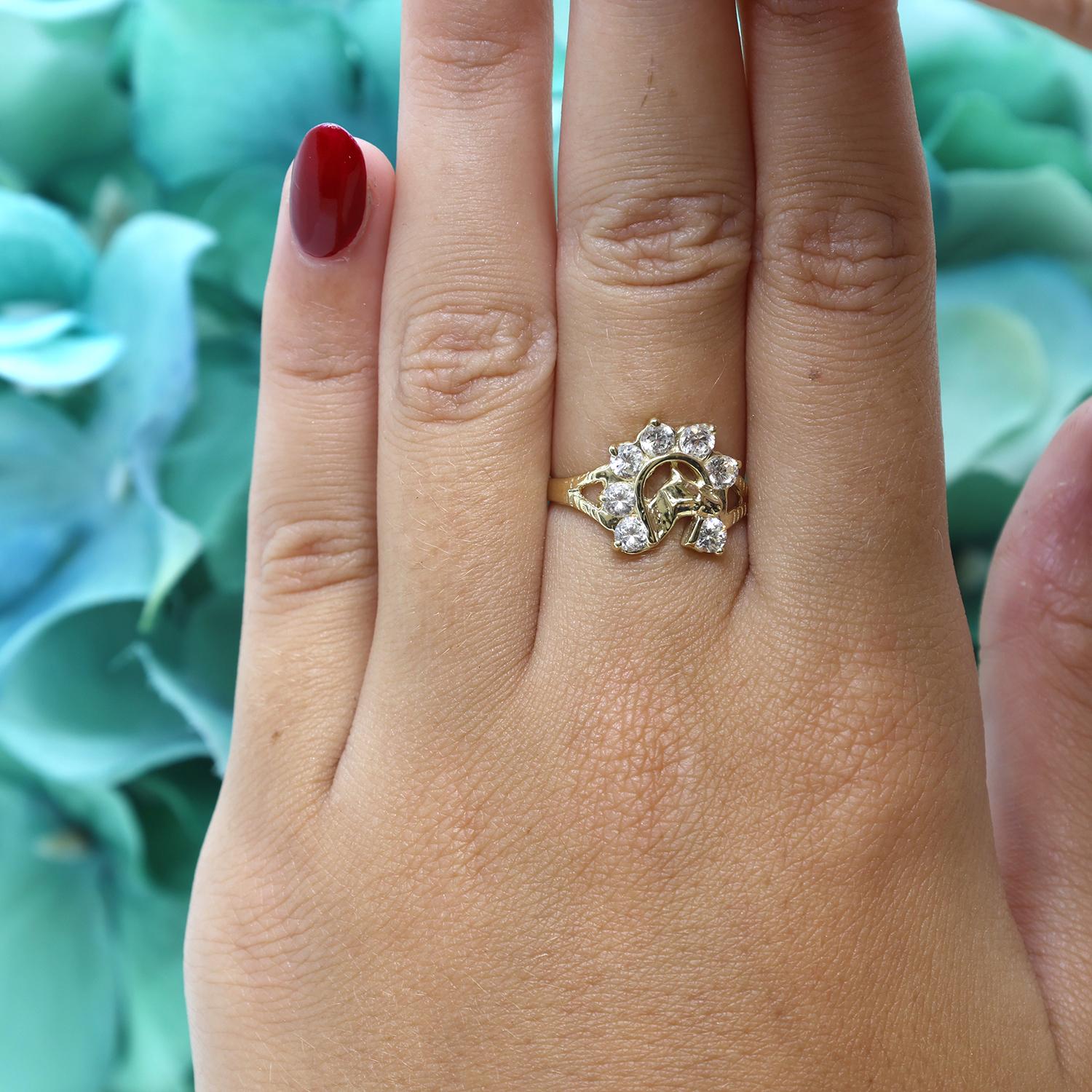 Equestrian Horseshoe Head Ring 10K Yellow Gold Cubic