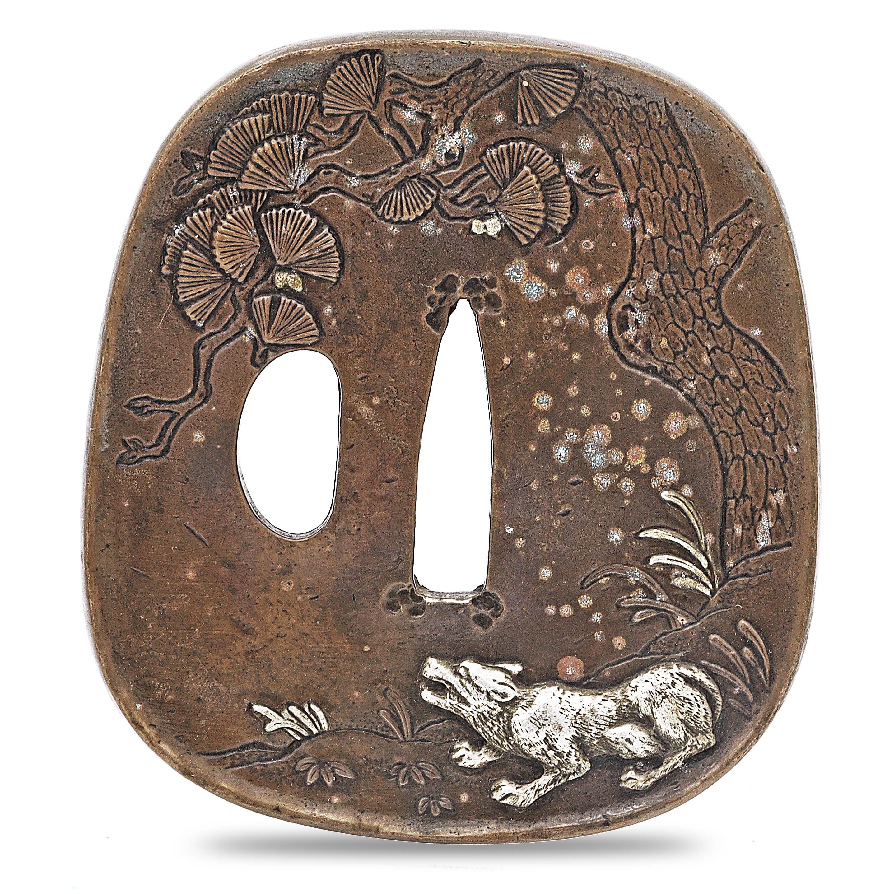 つばやん Sword Guard Tsuba Brass Kitsune (Fox) Under a Pine Tree | eBay