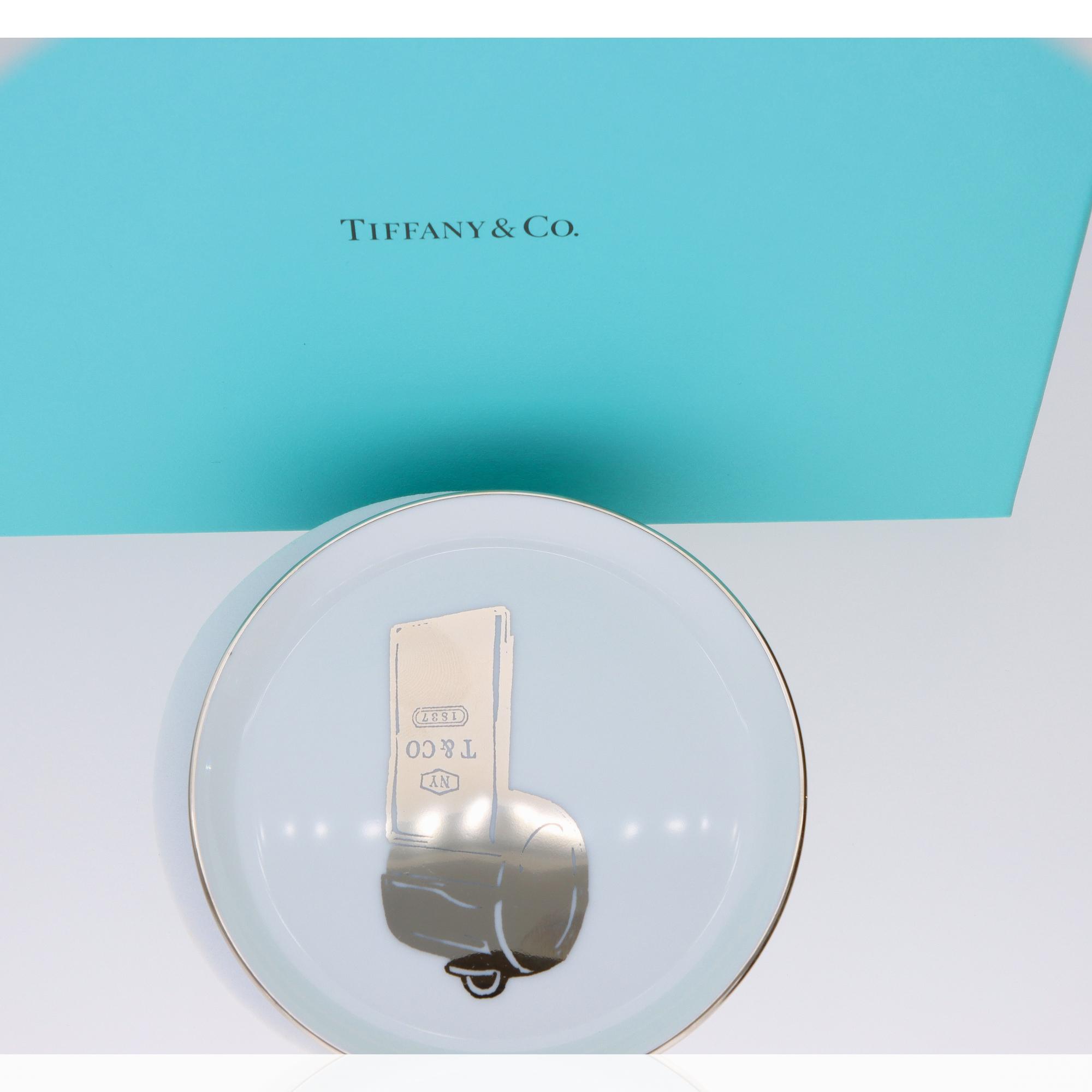 Tiffany and Co Procelain Trinket Jewelry Dish Plate Silver Rim