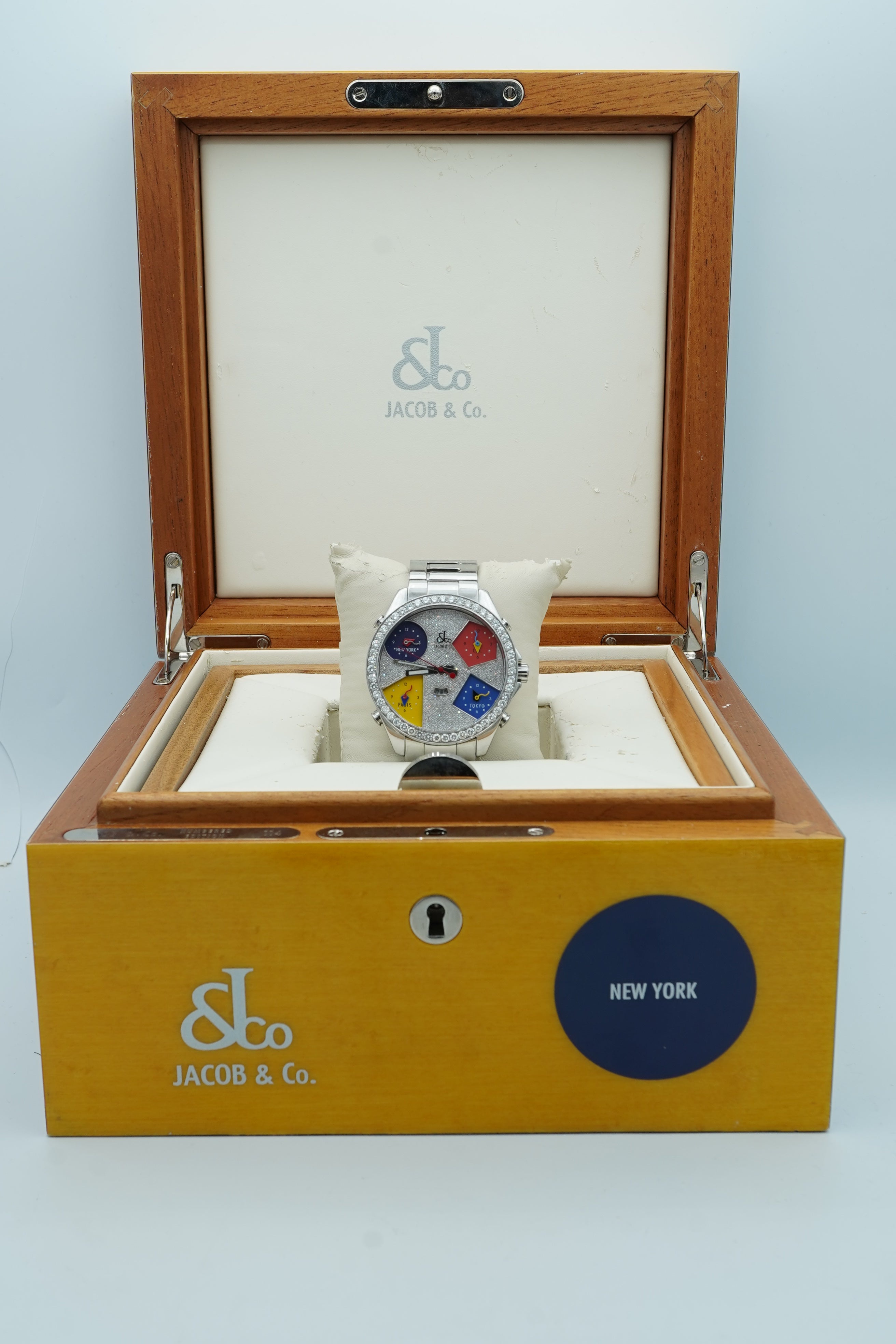 Jacob & Co. Five Time Zone Watch Diamond Bezel Full Pave Dial Box 