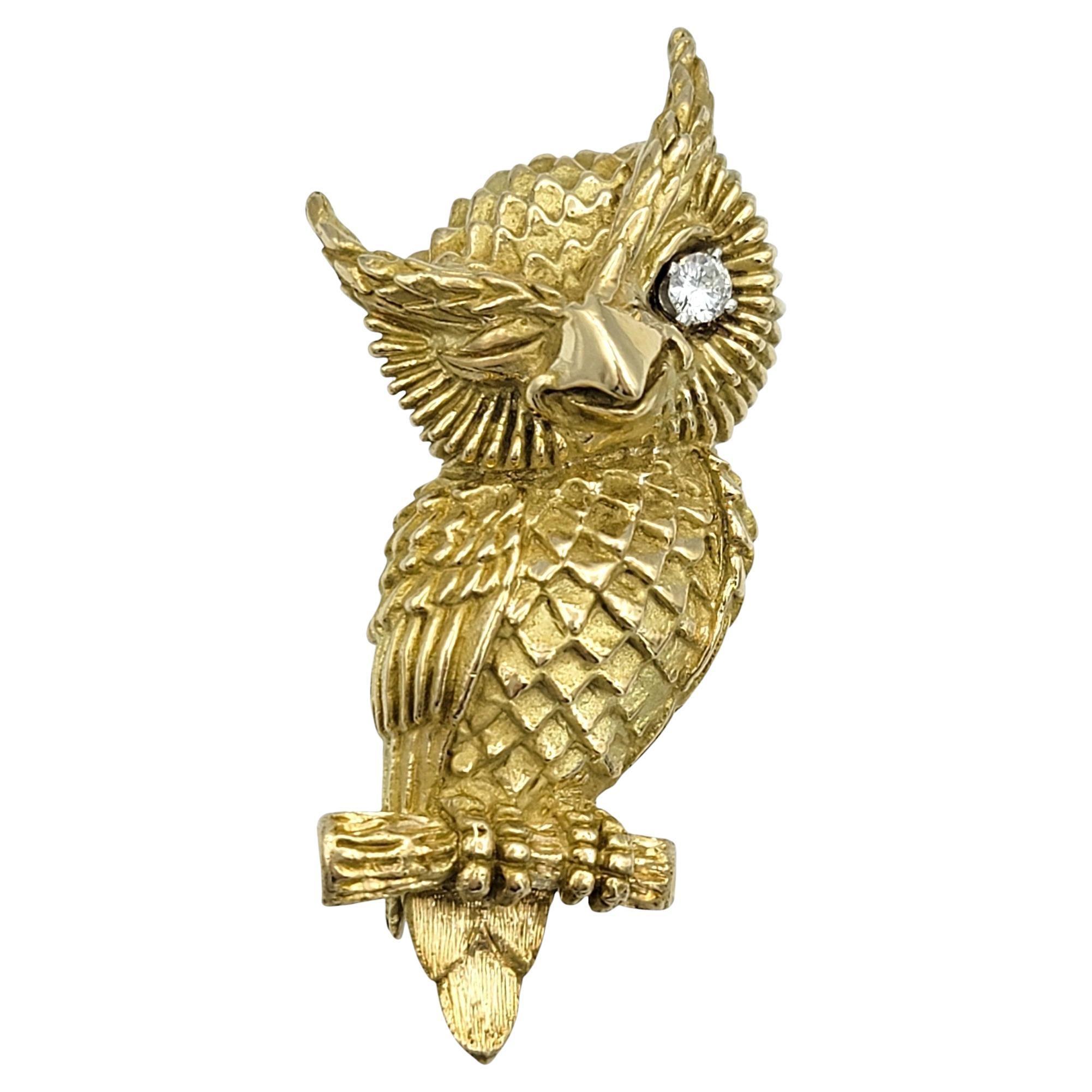 The Winking Owl ウィンキングオウル サイン ＋ オマケ Textured 14 Karat Yellow Gold Winking Owl Brooch with Round