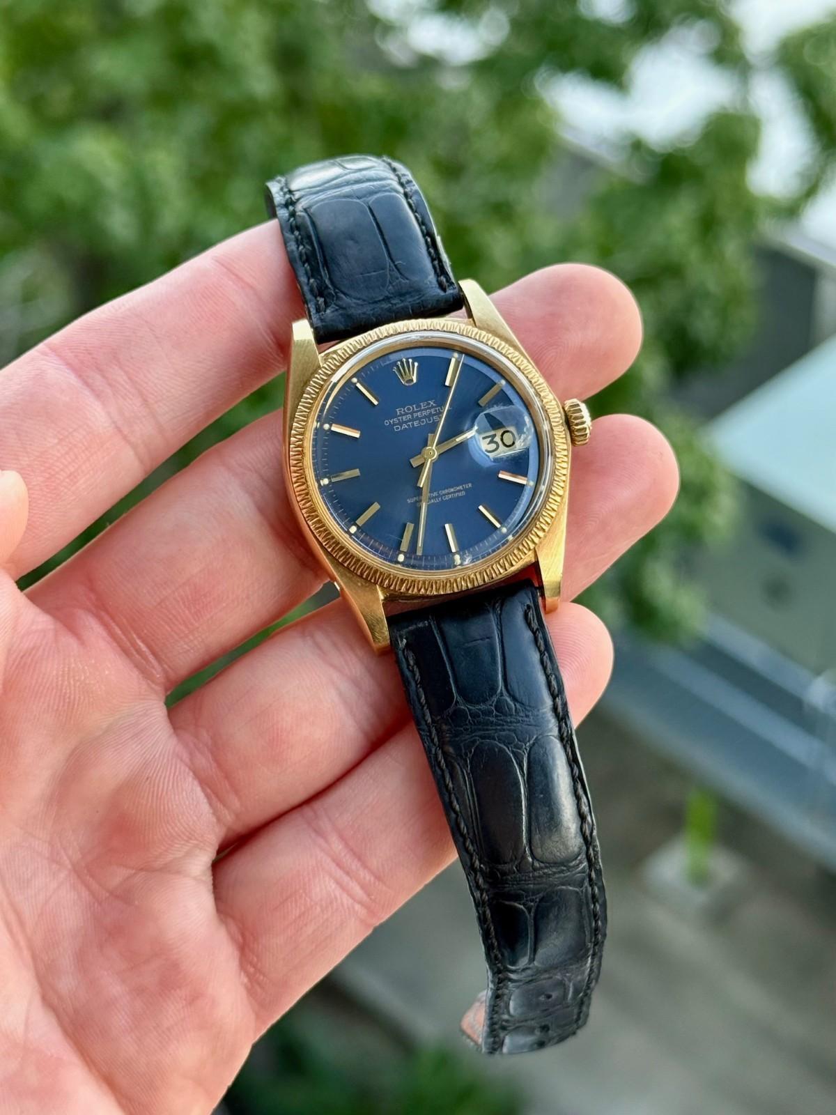 1973 Rolex Datejust Bark 1607 Yellow Gold Blue Dial 36mm
