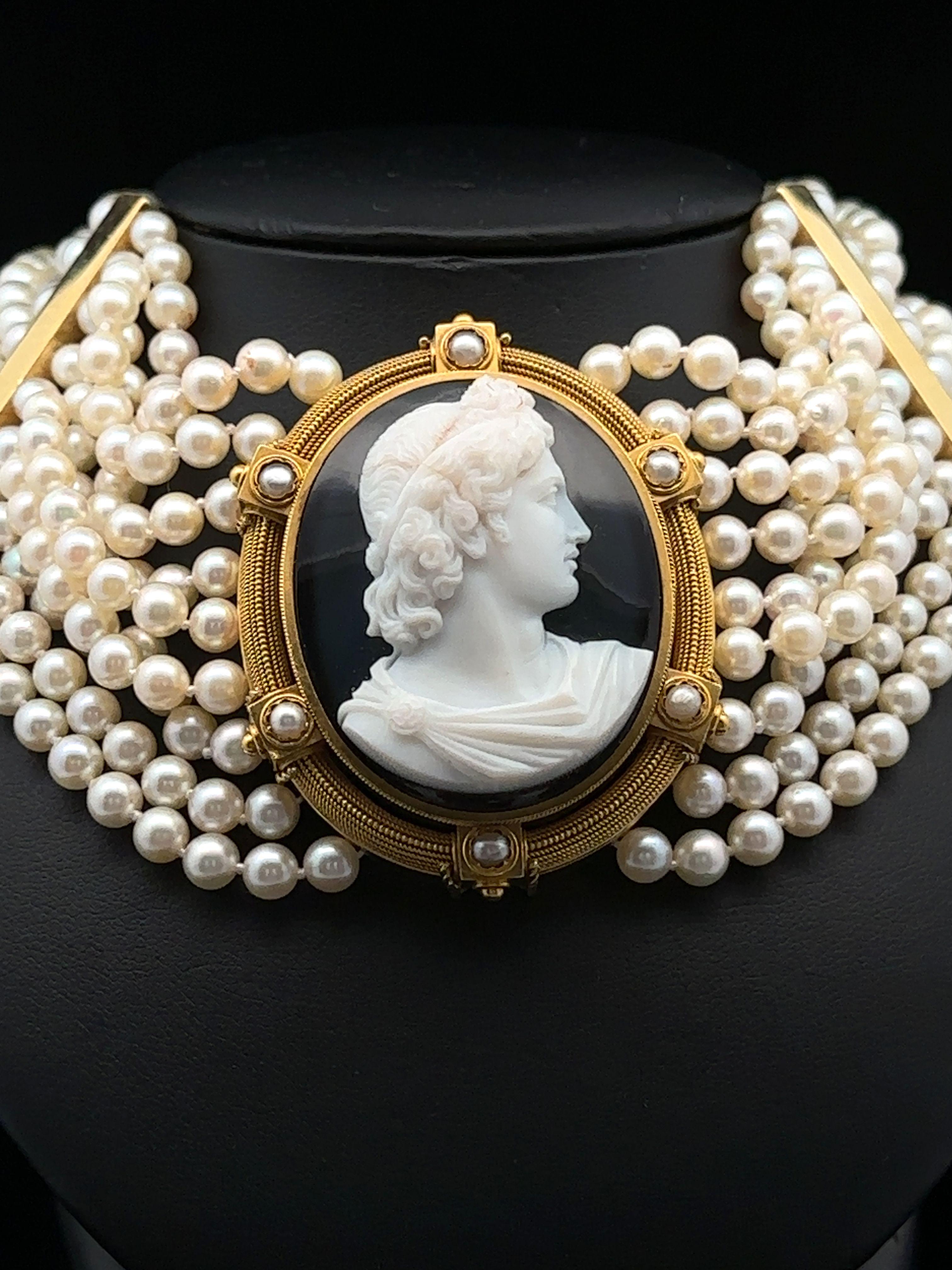Vintage 9 Strand Choker w/ 18k Gold Spacer Clasp & Carved Cameo