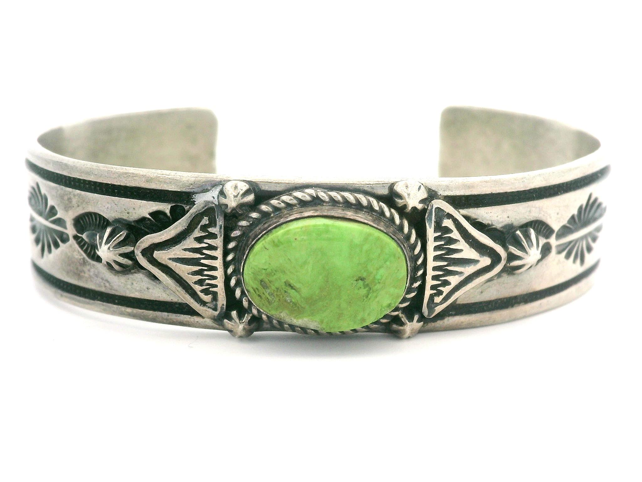 Navajo Happy Piasso Sterling Silver Green Turquoise Detailed Open