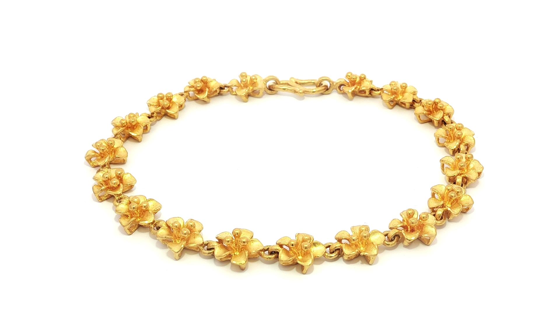 Pure Solid 24k Yellow Gold Plumeria Flower Link Bracelet w/ Sister